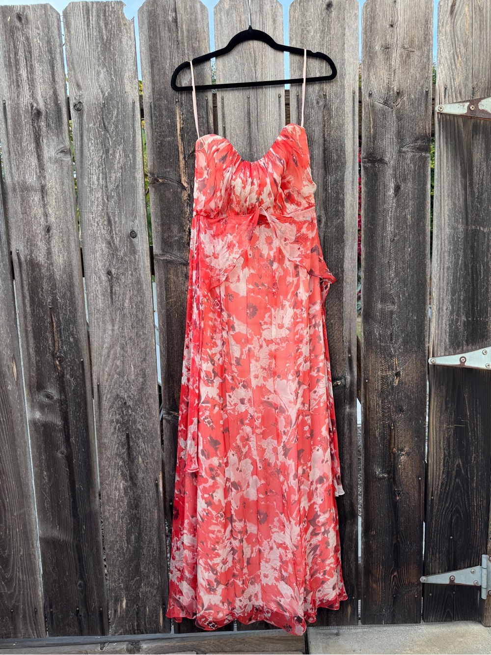 Amsale Coral-Pink Floral 100%Silk Maxi Dress Wedding Guest Semi-Formal Strapless